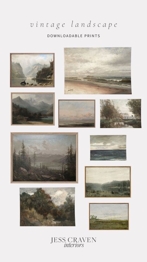 Vintage prints, vintage art, downloadable art, vintage landscape art prints Vintage Landscape Gallery Wall, Vintage Mountain Art, Printable Landscape Art Free, Vintage Aesthetic Landscape, Vintage Landscape Paintings, Vintage Art Gallery Wall, Tv Solutions, Landscape Gallery Wall, Garden Oil Painting