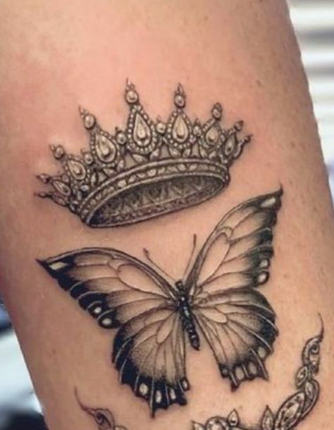 Crown Butterfly Tattoo, Butterfly And Crown Tattoo, Butterfly Crown Tattoo, Royal Tattoos For Women, Womens Crown Tattoo, Mother Daughter Crown Tattoos, Crown Rose Tattoo, Crown With Butterfly Tattoo, Crown Tattoo Design For Women