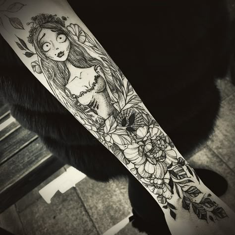 Spooky Color Tattoo, Corpse Bride Sleeve Tattoo, Emily Corpse Bride Tattoo, Tattoo Tim Burton, Corpse Bride Tattoo, Halloween Tattoos Sleeve, Bride Tattoo, Emily Corpse Bride, Brides With Tattoos