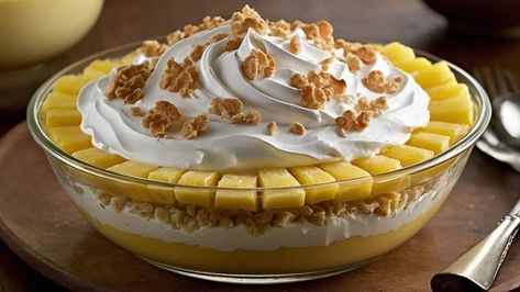 Ina Garten Recipes, 🍟🥣🍔 | Savor the homemade delight of Homemade Pineapple Dream with Whipped Topping - a creamy, dreamy dessert that's sure to please the whole family | Facebook Pineapple Dream Cake, Pineapple Dream, Ina Garten Recipes, Vanilla Pudding Mix, Dream Cake, No Cook Desserts, Apple Pies Filling, Whipped Topping, Graham Cracker Crumbs