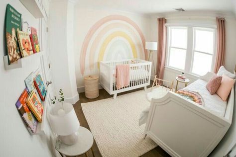 Nursery Rainbow Theme, Baby Girl Nursery Rainbow, Rainbow Theme Nursery, Rainbow Nursery Theme, Rainbow Baby Room, Rainbow Themed Nursery, Pottery Barn Bassinet, Changing Table With Drawers