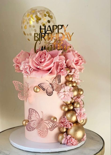 2023 Birthday Cake Design, Rose Gold Cake With Butterflies, Rose Gold Birthday Cakes, Rose Gold Cake Birthday, Tall Birthday Cake, Gold Butterfly Cake, Pink Butterfly Cake, Getting Highlights, Butterfly Theme Cake