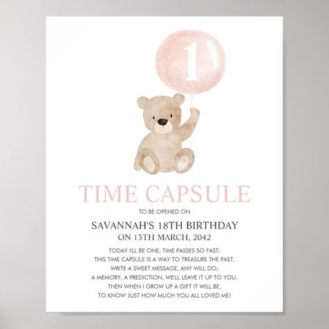 Beary First Birthday Pink Bear Time Capsule Poster - Birthday Decoration Beary 1st Birthday, First Birthday Blue, Beary First Birthday, First Birthday Pink, Bear Signs, Birthday Milestone, Birthday Party Centerpieces, Pink Bear, Blue Bear