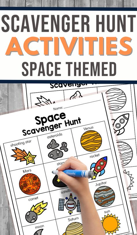 Want to give the kids some out-of-this-world fun? Check out this Space Themed Scavenger Hunt! Use this free printable as a fun way to get the kids excited! Space Themed Family Night, Space Themed Scavenger Hunt, Space Themed Stem Activities For Kids, Space Outdoor Activities, Space Reading Activities, Space Printables Free, Space Kindergarten Activities, Space Toddler Activities, Outer Space Activities For Preschool