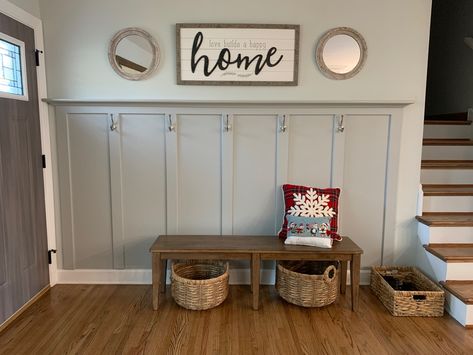 Entryway With Shiplap Wall, Entryway Long Wall, Entryway Wall Hooks And Bench, Bead And Batten Wall Entryway, Wainscoting Entryway Hooks, Hooks And Bench Entryway, Wainscoting Front Entry, Wanescotting Entry Way, Wainscoting In Entryway