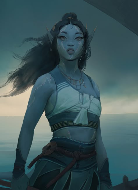 Sea Elf Aesthetic, Dnd Water Genasi Female, Sea Elf Dnd, Sea Elf Female Dnd, Sea Elves, Npc Rpg, Sea Elf, Monk Dnd, Dnd Elves