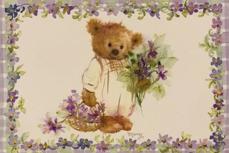 Mary Hamilton, Flowers Spring, Bear Art, Note Card, Cute Illustration, Pretty Art, Vintage Illustration, Purple Flowers, Animal Art