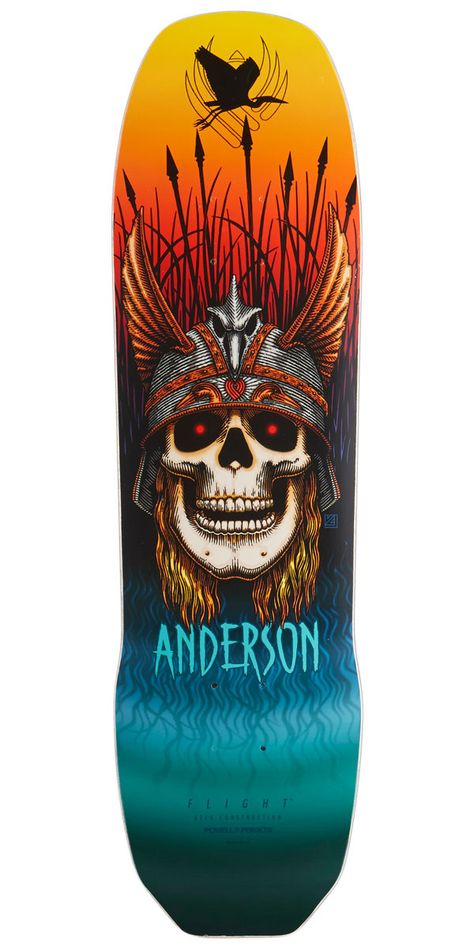 Powell Peralta Pro Andy Anderson Heron Flight® Skateboard Deck Retro Skateboard Design, Andy Anderson Skateboard, Skateboard Layout Design, Powell Peralta Decks, Skateboard Illustration, Powell Skateboards, Skateboard Collection, Andy Anderson, Skateboard Art Design