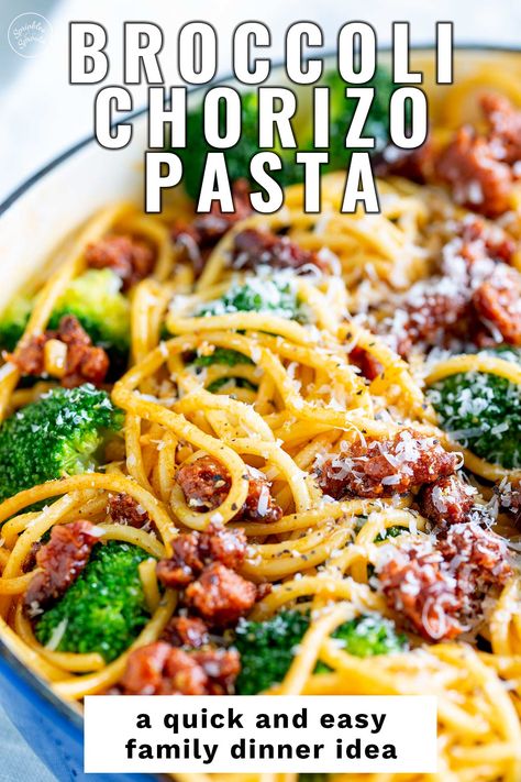 This Broccoli and Chorizo Pasta is a quick and easy mid-week meal packed with flavor and ready in just 20 minutes. The punchy chorizo sausage is key here. It gives this easy pasta dish so much flavor. It gives off its delicious paprika and garlic spiced oil as it is fried. This oil is then used to make an almost instant sauce that coats the spaghetti. The broccoli is cooked with the pasta and adds a great earthy taste to the dish. Chorizo Broccoli Pasta, Ground Chorizo Recipes Dinner Easy, Chorizo Noodles, Recipes With Chorizo Sausage, Recipes For One Person, Chorizo Recipes Dinner, Broccolini Pasta, Chorizo Pasta Recipes, Healthy Sausage Recipes