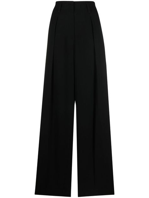 high-waisted tapered trousers from BRUNELLO CUCINELLI featuring black, pressed crease, high waist, tapered leg, belt loops, two side inset pockets, rear welt pocket and concealed front fastening. | Brunello Cucinelli High-Waisted Tapered Trousers Ami Core, Uzun Boy, Leg Belt, Fantasy Gowns, Tapered Trousers, Airport Fashion, Black Trousers, Fancy Pants, Airport Style