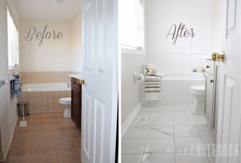 Yes! You Really Can Paint Tiles: Rust-Oleum Tile Transformations Kit | pink little notebook Makeover Kamar Mandi, Painting Bathroom Tiles, Bad Inspiration, Tub Tile, Rust Oleum, Tile Floors, Bathroom Redo, Tile Flooring, Bathroom Renos