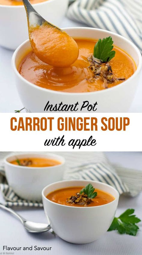 This Instant Pot Carrot Ginger Soup is velvety smooth, and subtly flavoured with ginger and orange. It has a hint of sweetness from apples. It's free of dairy and gluten and is vegan and paleo.#InstantPot #carrot #ginger #soup #vegan #paleo Instant Pot Carrot Ginger Soup, Carrot Ginger Orange Soup, Carrot Apple Ginger Soup, Instant Pot Carrot Soup, Lectin Free Soup, Instapot Duo, Gf Dinners, Kraft Dinner, Soups Recipes