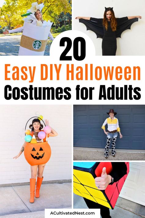 20 Easy Homemade Halloween Costumes for Adults- Need a last-minute Halloween costume? Check out these easy homemade Halloween costumes for adults! From spooky to funny, these creative ideas will make sure you stand out at any Halloween party—without breaking the bank. | #DIYCostumes #HalloweenCostumes #HalloweenDIY #sewingProjects #ACultivatedNest Last Minute Funny Costumes, Creative Last Minute Costumes, Super Creative Halloween Costumes, Easy Homemade Halloween Costumes Women, Easy Diy Last Minute Halloween Costumes, Homemade Last Minute Halloween Costumes, Last Minute Homemade Halloween Costumes, Easy Diy Adult Halloween Costume, Easy Comfortable Halloween Costumes