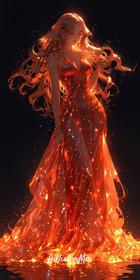 Fire Queen Art, Fire Princess Aesthetic, Fire Dress Drawing, Fire Elemental Character Design, Fire Dress Gowns, Fire Elemental Female, Fire Element Outfit, Elegant Anime Woman, Fire Goddess Art