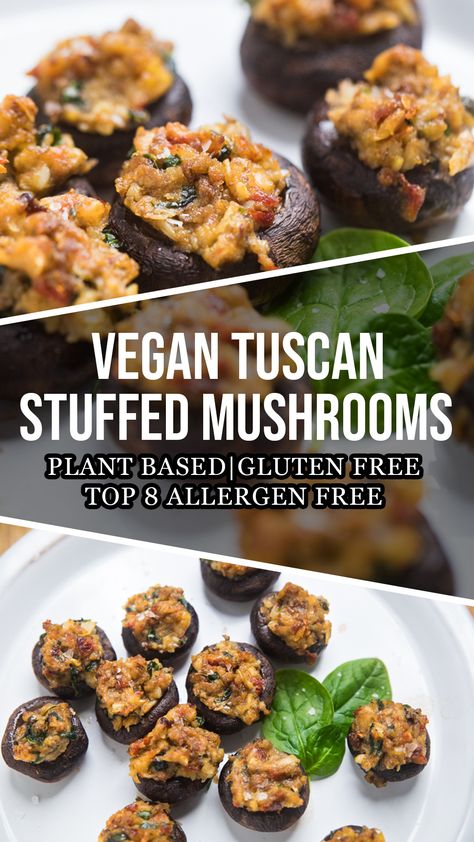 These easy vegan Tuscan stuffed mushrooms will transport  your mind right to Italy.  The only thing you'll wonder if why you didn't make them sooner. Gluten free and can be Top 8 Allergen Free.  #veganmushrooms #stuffedmushrooms #veganapps #veganappetizers #top8free Vegan Stuffed Mushrooms, Dairy Free Appetizers, Vegan Nachos Cheese, Mushroom Appetizers, Stuffed Mushroom, Vegan Inspiration, Vegan Parmesan, Vegan Eggs, Vegan Thanksgiving