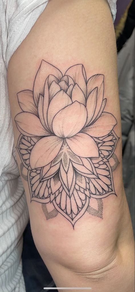 Lotus Tattoo Shoulder Cap, Lotus Flower And Mandala Tattoo, Lotus And Orchid Tattoo, Lotus Flower Throat Tattoo, Mandala Lotus Tattoo Design Women, Lotus Half Sleeve Tattoo, Lotus Floral Tattoo, Lotus Shin Tattoo, Lotus Flower Sleeve Tattoo For Women