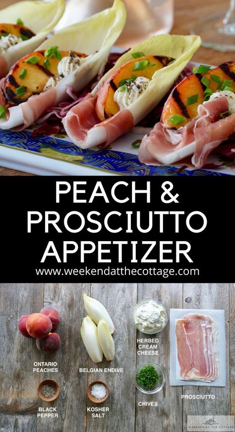 endive with grilled peaches, prosciutto and herbed cheese. Prociutto Appetizers, Endive Appetizers, Salad Boats, Herbed Cream Cheese, Prosciutto Appetizer, Party Planning Food, Antipasto Appetizer, Endive Recipes, Bbq Party Food