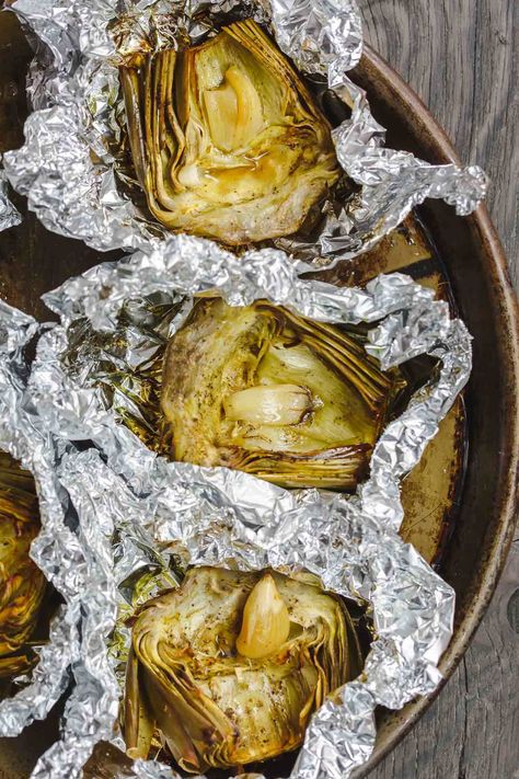 Roasted Artichokes halves - Appetizer Girl Easy Summer Bbq Ideas, Oven Roasted Artichoke, Artichoke Appetizer, Roasted Artichokes, Artichoke Recipe, Garlic Vinaigrette, Appetizer Party, Roasted Artichoke, The Mediterranean Dish