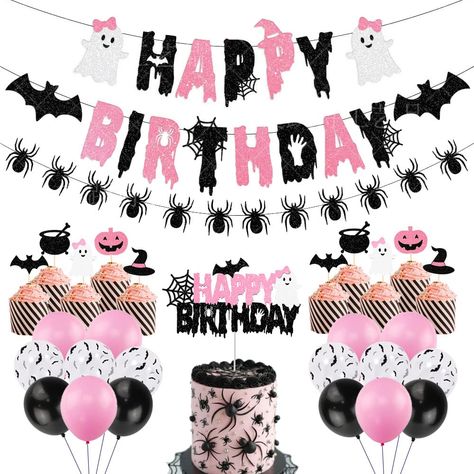 PRICES MAY VARY. 【Halloween Birthday Party Decor】The halloween happy birthday banner set are get everything you need in one set, you will receive 1Pc Halloween“HAPPY BIRTHDAY” banner,1pc spider banner,10pcs Halloween Cupcake Toppers,1Pc Ghost“happy birthday” Cake Topper,25Pcs Latex Balloons (Black,Pink,Bat Balloons), full of halloween design, worth buying it. 【Unique Design for Halloween】This Halloween birthday garland Kit are Unique font design, combined hot halloween elements such as cute ghos Halloween Birthday Decorations, Kids Halloween Birthday Party, Halloween Birthday Party Decorations, Halloween First Birthday, Halloween 1st Birthdays, Halloween Themed Birthday Party, Fest Temaer, Birthday Party Packs, Halloween Fest