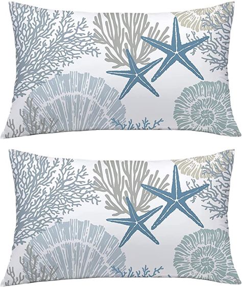 Amazon.com: Nautical Coastal Throw Pillow Covers Set of 2 Ocean Themed Beach Seashell Coral Starfish Velvet Couch Pillow Cases Outdoor Sofa Cushion Cover Modern Decor for Bed Living Room, 18" x 18", Blue : Everything Else Coastal Throw Pillow, Outdoor Sofa Cushions, Ocean Pillows, Living Room Blue, Coastal Throw Pillows, Room Blue, Velvet Couch, Sofa Cushion Cover, Coastal Pillows