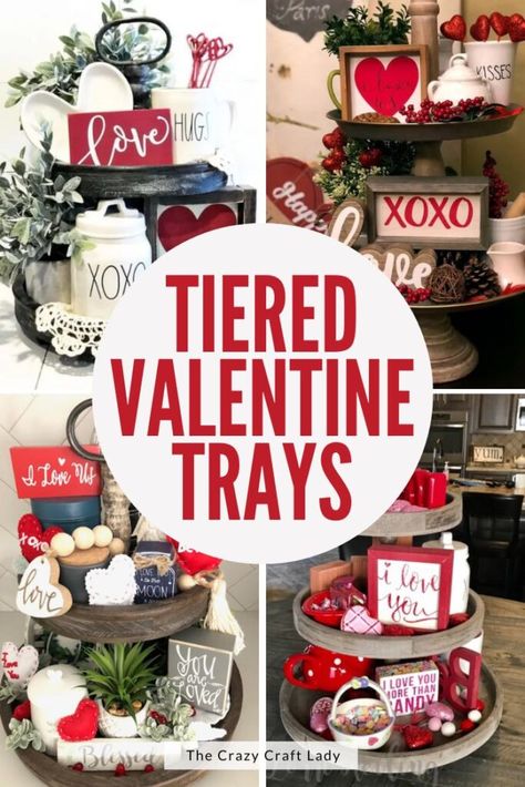 Tiered Valentine Trays Decorating Trays Ideas, Diy Tray Decor, Christmas Tray Decor, Rustic Valentine Decor, Valentines Bricolage, Valentines Door Hanger, Valentines Gift Bags, Hanger Crafts, Rustic Valentine