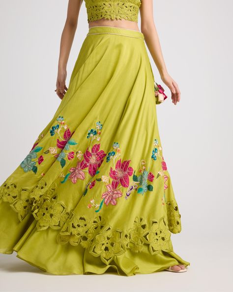 LIME GREEN FLORAL APPLIQUE LAYERED LEHENGA Lehenga Skirts, Chanderi Lehenga, Layered Lehenga, Lehenga For Women, Cape Lehenga, Skirts Green, Kurta Lehenga, Lehenga Pattern, Lehenga Skirt