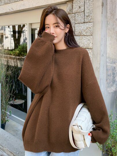 DAZY Solid Drop Shoulder Ribbed Knit Oversized Sweater | SHEIN USA Petite Style Outfits, Knit Sweater Outfit, Jumper Outfit, Oversized Sweater Women, Pullover Mode, Style Inspiration Casual, Oversized Outfit, Pullover Outfit, Simple Pakistani Dresses