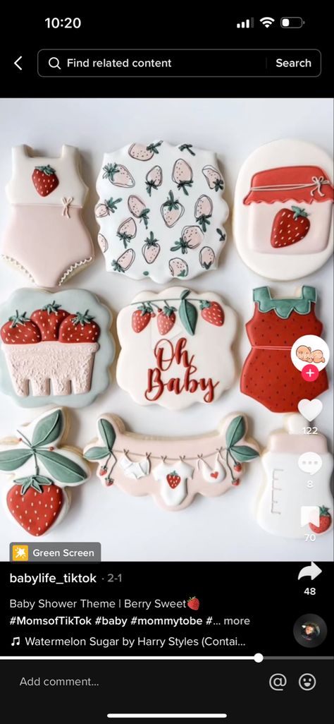 Twin Shower, Jam Cookies, Strawberry Baby, Strawberry Cookies, Baby Cookies, Butterfly Baby, Baby Shower Cookies, Baby Shower Food