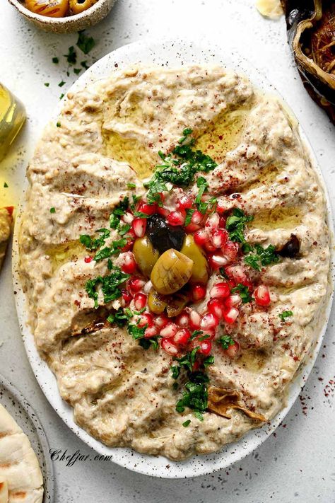 Mutabal Recipe ( Roasted Eggplant Dip) - Chefjar Eggplant Tahini, Roasted Eggplant Recipes, Vegetarian Starters, Roasted Eggplant Dip, Eggplant Dip, Roasted Eggplant, Roast Eggplant, Garlic Olive Oil, Eastern Cuisine