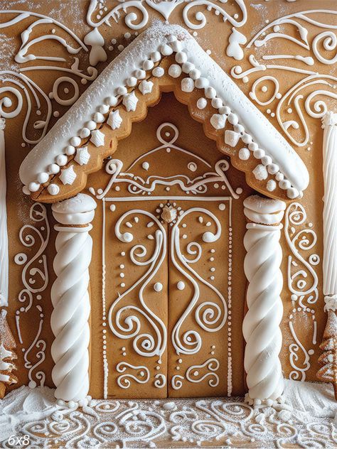 Elegant Gingerbread House Door Backdrop - Beautifully decorated gingerbread house door backdrop featuring intricate white icing designs Vintage Gingerbread House Illustration, Cool Gingerbread House Designs, Gingerbread House Inside, Whimsical Gingerbread House, Gingerbread House Inspo Aesthetic, Gingerbread Christmas Aesthetic, Gingerbread Building Ideas, Ginger Bread House Decor Ideas, Gingerbread House Themes