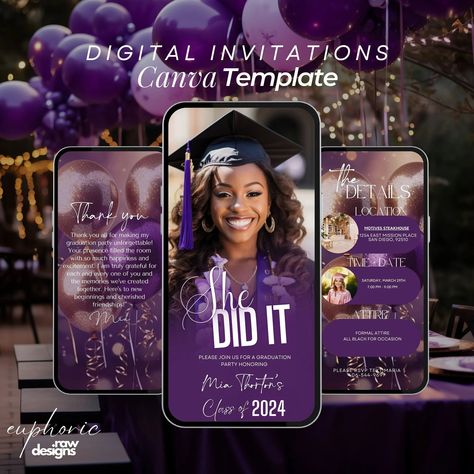 Graduation Party Invitation, Grad Announcement, High School, College, Nursing and Law Graduation Invite, Purple Gold, Digital Grad Itinerary - Etsy Law Graduation, College Nursing, School Nursing, Grad Announcements, Animated Invitations, Graduation Invitation, Facebook Event, Event Page, Let The Fun Begin