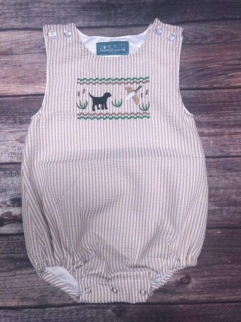 Hunting Baby Boy Tan Seersucker Bubble - Etsy Southern Baby Boy Outfits, Boy Monogram Ideas, Hunting Baby Pictures, Southern Baby Clothes, Baby Boy Hunting, Smocked Outfits, Baby Boy Embroidery, Duck Nursery, Hunting Theme