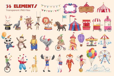 Traveling Circus & Funfair carnival, amusement park or fairground, Watercolor Illustration. $14 Pattern Branding, Traveling Circus, Circus Illustration, Illustration Postcard, Mustache Party, Circus Art, Balloon Banner, Composition Design, Vintage Circus