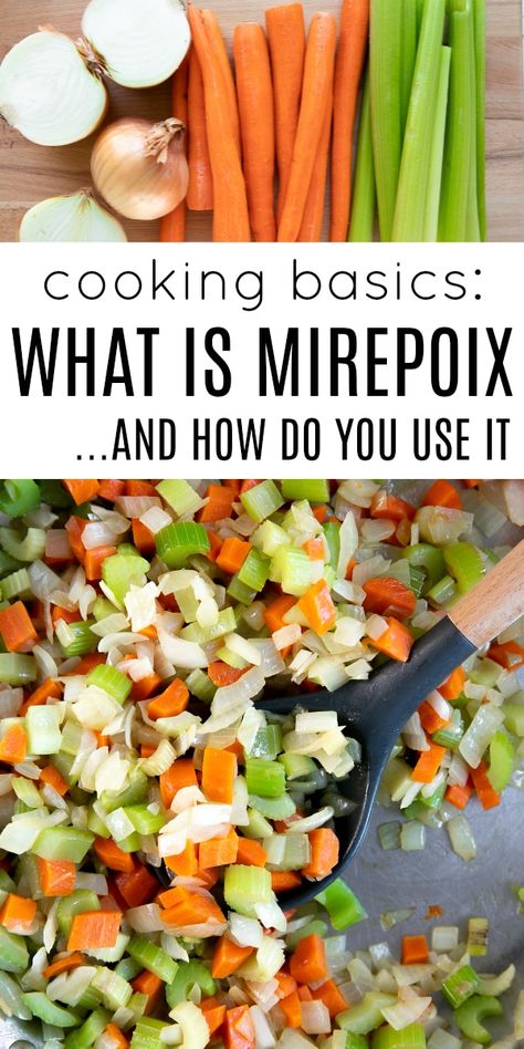 What is Mirepoix? How to Make and Use Mirepoix. #howtocook #soffritto #mirepoix #mirepoixrecipe Mirepoix Recipe, Recipe For Turkey, Cooking Basics, Cooked Vegetables, Proper Nutrition, Healthy Nutrition, Tortellini, Nutrition Tips, Nutrition Recipes