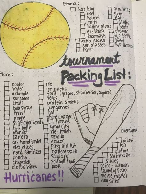 Softball Tournament Packing List Softball Camp Ideas, Team Bonding Activities Softball, Softball All Star Ideas, Things You Need For Softball, Softball Tournament Snacks, Softball Equipment List, Softball Notes, Softball Tournament Packing List, Travel Softball Must Haves