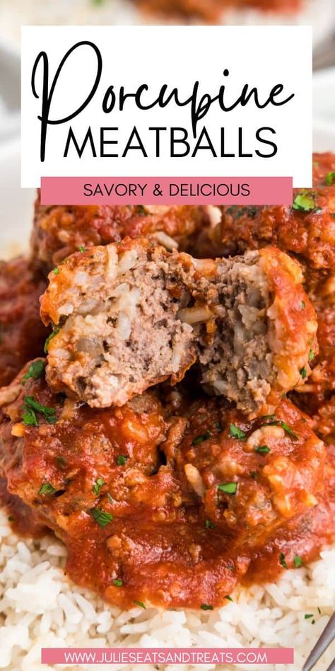 Savory Porcupine Meatballs are a delicious meatball made with beef, rice, onion and seasonings that is baked in a rich tomato sauce. Serve it over a bed of rice for an easy dinner recipe. Porky Pine Meatballs, Porcupine Meatballs Recipe, Porcupine Meatballs, Meatballs And Rice, Beef Rice, Meatball Recipes Easy, Tasty Meatballs, Meatballs Easy, Cooking For A Crowd