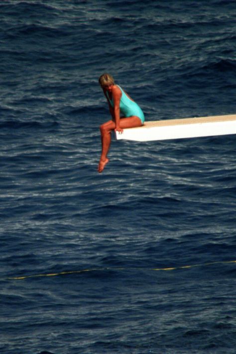 Princess Diana On Diving Board, Princess Diana Ocean Photo, Princess Diana Diving Board, Pop Culture Aesthetic, Diana Aesthetic, Diva Aesthetic, Turquoise Swimsuit, Haunting Photos, On A Yacht