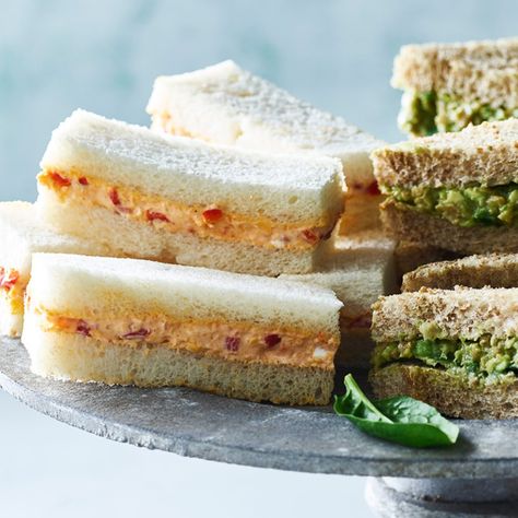 Spicy Pimiento Cheese Finger Sandwiches | Savory Classic Egg Salad Sandwich, Pimiento Cheese, Scones Easy, Country Bread, Hard Cooked Eggs, Mini Sandwiches, Finger Sandwiches, Tea Party Food, Shortbread Recipes