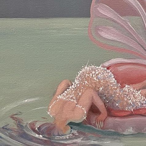 2024 Summer Aesthetic, Paintings Of Mermaids, Sparkly Painting, Watering Illustration, Mermaid Art Painting, Summer Aesthetic Art, Sparkly Water, Wings Painting, Magic Painting