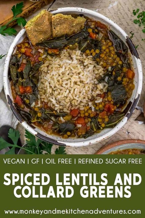 Plant based, oil free, and healthy, this Spiced Lentils and Collard Greens dish is a flavorful and hearty meal. #wholefoodplantbased #vegan #oilfree #glutenfree #plantbased | monkeyandmekitchenadventures.com Collard Plant, Plant Based Oil Free, Vegan Collard Greens, Monkey And Me Kitchen Adventures, Monkey And Me, Spiced Lentils, Collard Greens Recipe, Vegetarian Meal Plan, Hearty Meal