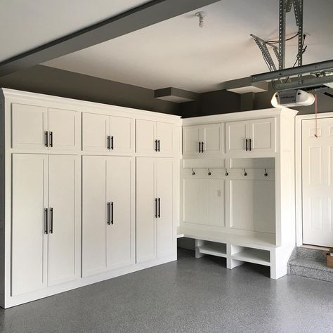 Vintage Garage Storage, White Garage Cabinets Storage, Laundry And Fridge In Garage, Garage Enclosure Ideas, Garage Turned Into Mudroom, White Garage Cabinets, Garage Den Ideas, Pantry In Garage Ideas, White Garage Interior