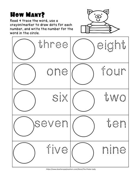 Writing the number, Tracing the word for the number, and making dots for the numbers. Numbers Worksheets Kindergarten, Draw Numbers, All About Reading, Number Words Worksheets, Preschool Number Worksheets, English Activities For Kids, Kids Worksheets Preschool, Learning English For Kids, Number Tracing