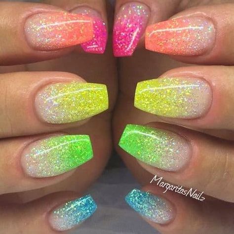 Rainbow Nail Art Designs, Fluorescent Nails, Glitter Gradient Nails, Nail Design Glitter, Ombre Nail Art Designs, Palm Tree Nails, Rainbow Nail Art, Neon Nail Designs, Boho Nails