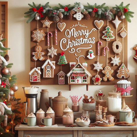 Gingerbread House Wall Decor, Christmas Decor Ideas For Cafe, Christmas Wall Display, Gingerbread House Wall, Cocoa Bar Christmas, Hot Cocoa Bar Christmas, Gingerbread Hot Cocoa, Bakery Shops, House Wall Decor