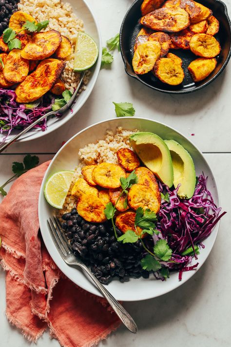 Healthy Cuban Recipes, Carribean Bowl, Vegan Cuban Recipes, Vegan Cuban Food, Plantain Bowl, Cuban Bowl, Sabbath Meals, Hibiscus Recipe, Roasted Plantains