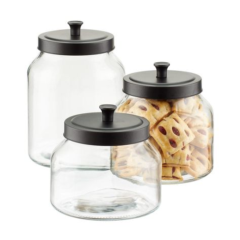 Glass Canisters with Matte Black Lids | The Container Store Snack Display, Kitchen Remodel Countertops, Domestic Bliss, Kitchen Remodel Cost, Storage Products, Kitchen Containers, The Home Edit, Glass Jars With Lids, Clear Glass Jars