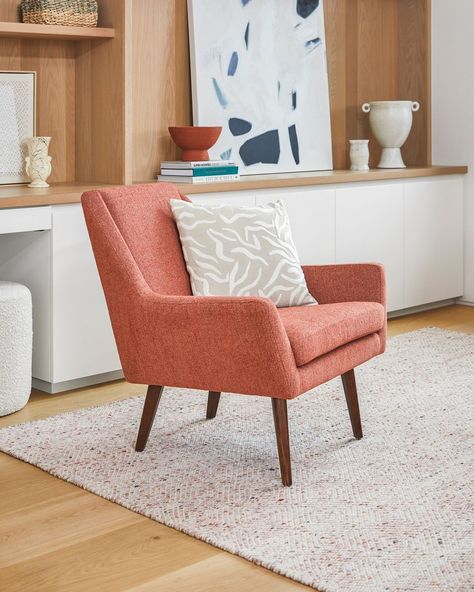 Article on Instagram: “The #AngleChair will always greet you with its open arms and wide, accommodating seat. Perfect for crossed-leg contemplation, or even a…” Orange Lounge, Burnt Orange Living Room, Fabric Lounge Chair, Mid Century Modern Lounge, Mid Century Modern Lounge Chairs, Article Furniture, Orange Chair, Living Room Orange, Orange Aesthetic