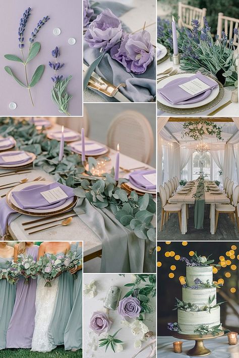 Lavender and sage wedding palette with soft greenery accents. Sage Green And Lavender Wedding Theme, Green And Lavender Wedding, Sage Green And Lavender Wedding, Pastel Color Wedding Theme, Sage And Lavender Wedding, Lavender And Green Wedding, Lavender And Sage Wedding, Rose Gold Wedding Palette, Sage Green And Lavender