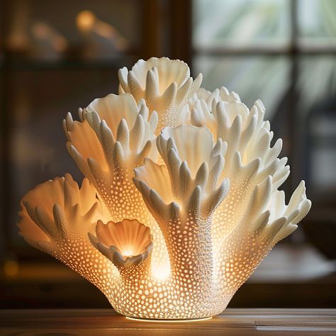 Introducing the “Coral Breeze” lamp: Inspired by the delicate beauty of coral formations, this lamp features a base mimicking the texture and hues of underwater reefs, adding a touch of coastal charm to any space. Conceptual AI Art Follow @ecosapiens for more! Origami Structure, Ceramics Lamp, Ceramic Light Fixture, Coral Structure, Ceramic Coral Reefs, Beach Objects, Ceramic Lights, Clay Lamp, Sea Inspiration