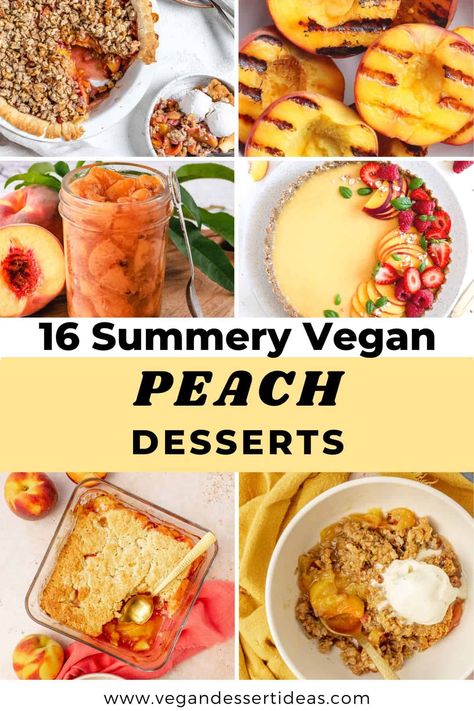 Looking for some delicious vegan summer dessert ideas? This collection of vegan peach recipes is for you! From really easy desserts like grilled peaches to classics like vegan peach cobbler, you're sure to find ideas for peach season. Vegan Peach Recipes Healthy, Vegan Recipes With Peaches, Peach Recipes Vegan, Vegan Peach Dessert, Vegan Peach Recipes, Healthy Peach Dessert, Egg Free Dessert Recipes, Healthy Peach Recipes, Vegan Peach Cobbler